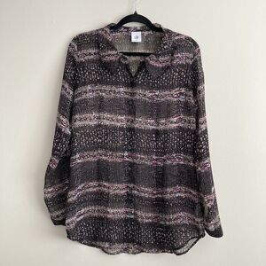 Cabi Womens Paris Confetti Print Blouse Size S Black Pink Long Sleeve Sheer Top